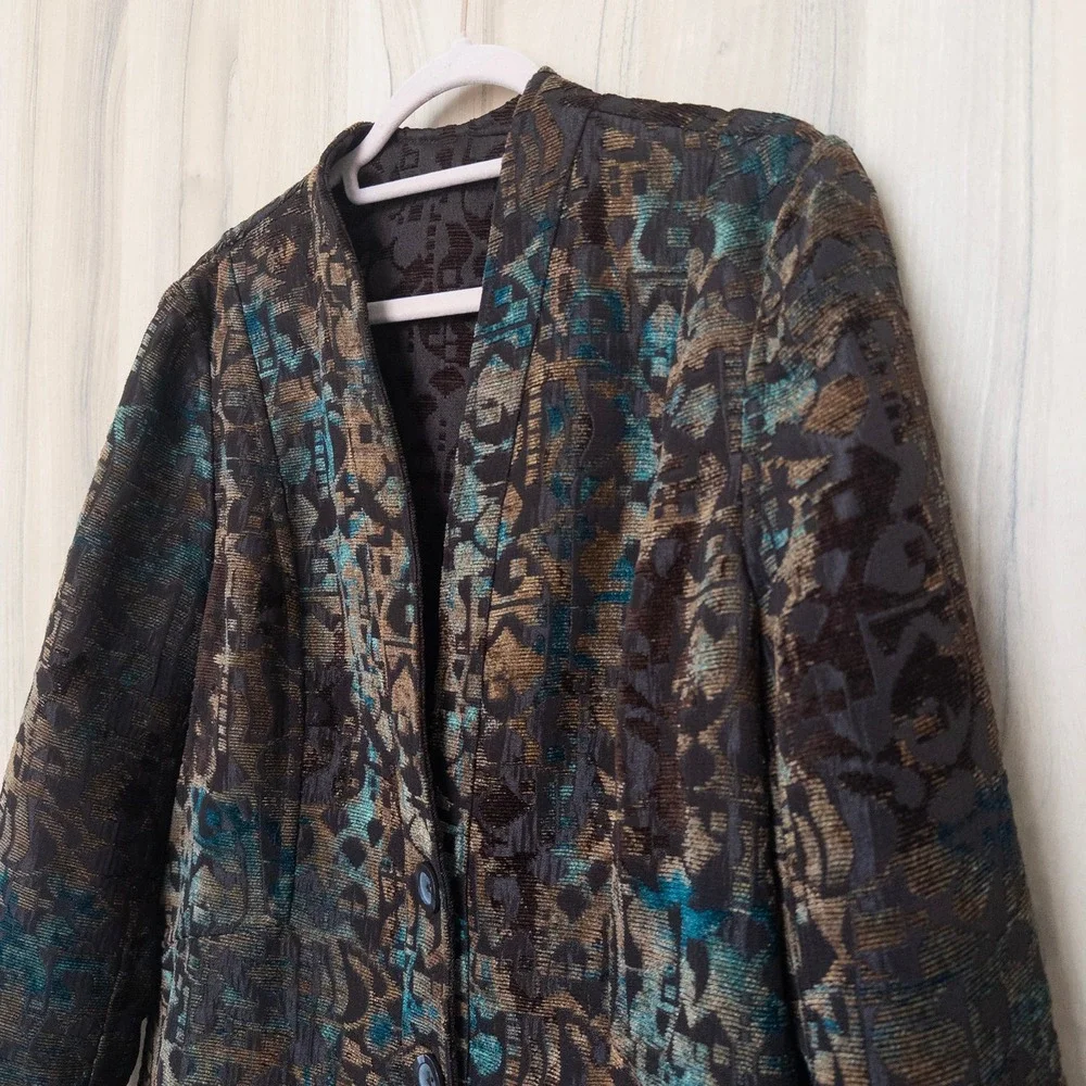 VTG Coldwater Creek Womens Blazer Jacket L‎ Brown Abstract Tapestry Art To Wear